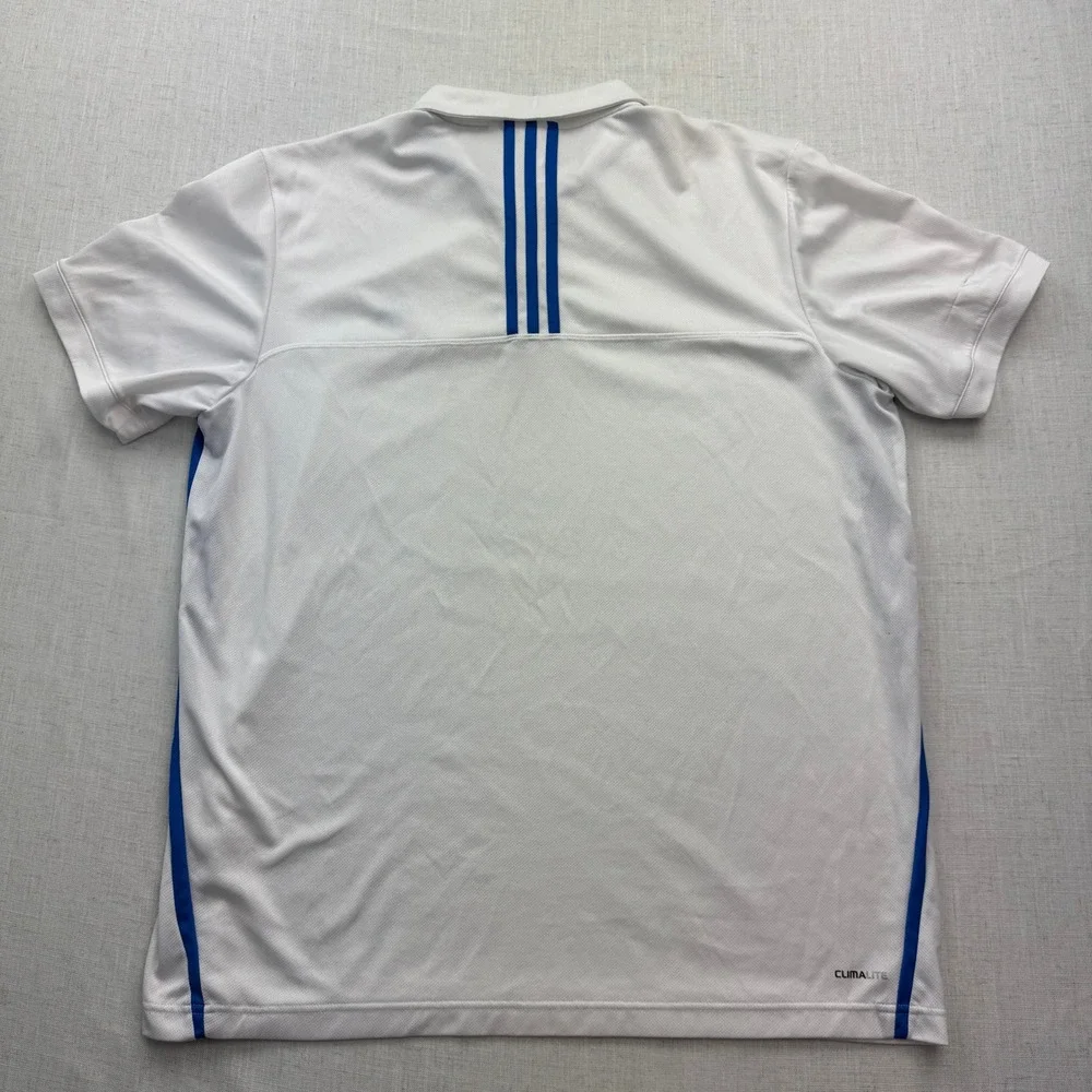 Adidas Climalite Polo Shirt Mens XL White Blue 3-Stripes Golf Sport Fisherman